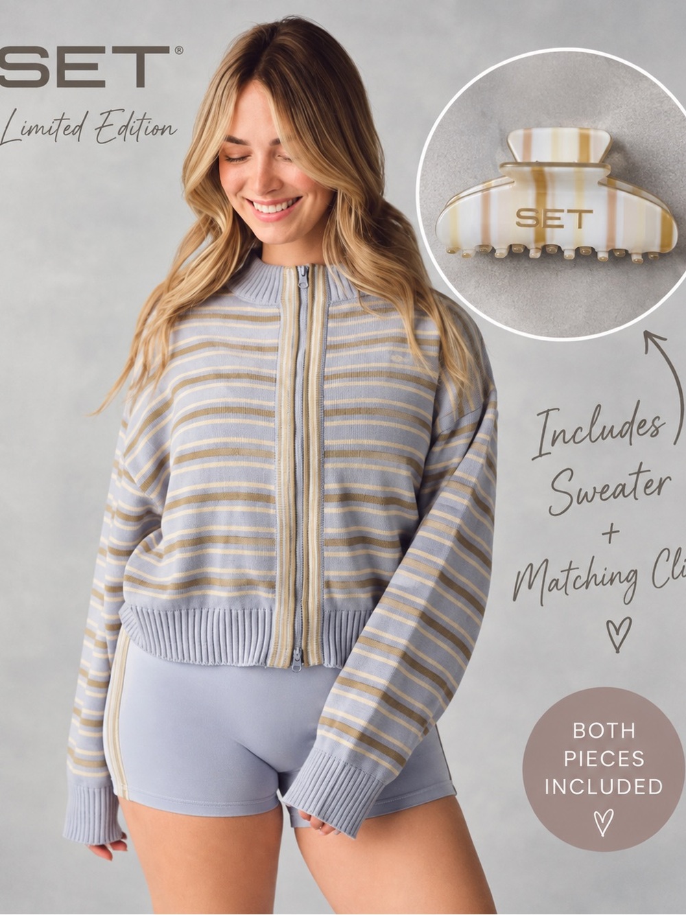 β‘ SET Active NWT Weekend Stripe Funnel Zip + Claw Clip in Palmetto